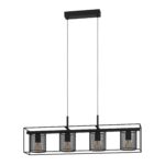 Lustra vintage Catterick 43773 Eglo, cu structură din oțel negru și patru abajururi cilindrice din plasă metalică, compatibilă cu becuri E27 de până la 40W.
