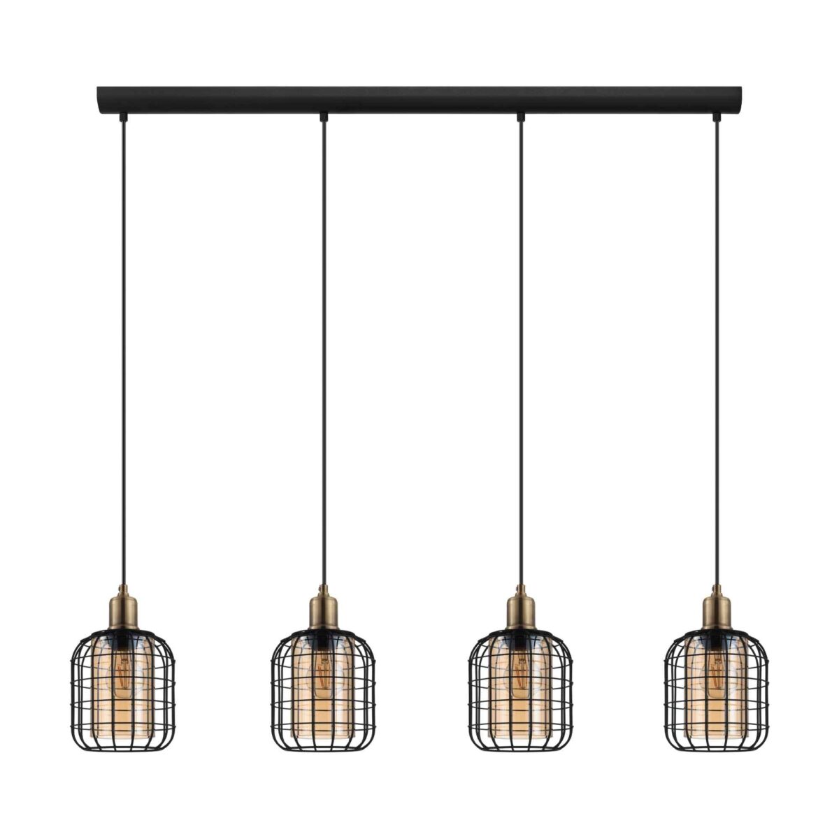 Lustra vintage Chisle 43528 Eglo, cu structură din oțel negru și patru abajururi din metal brunat cu sticlă aburită chihlimbar, compatibilă cu becuri E27.