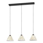 Lustra vintage Oxpark 43943 Eglo, cu structură din oțel negru și trei abajururi alb-verde, compatibilă cu 3 becuri E27 de până la 25W fiecare.