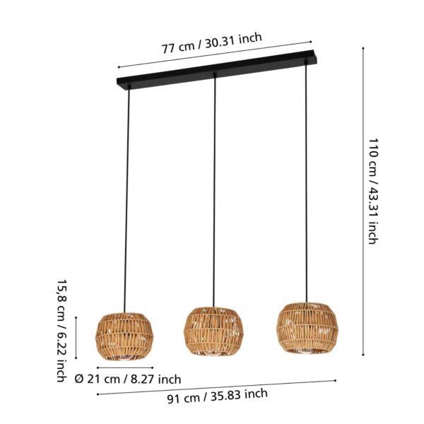 Lustra vintage Sheldon Eglo 44144 are înălțime reglabilă până la 1100 mm, o lungime de 910 mm și o lățime de 210 mm.
