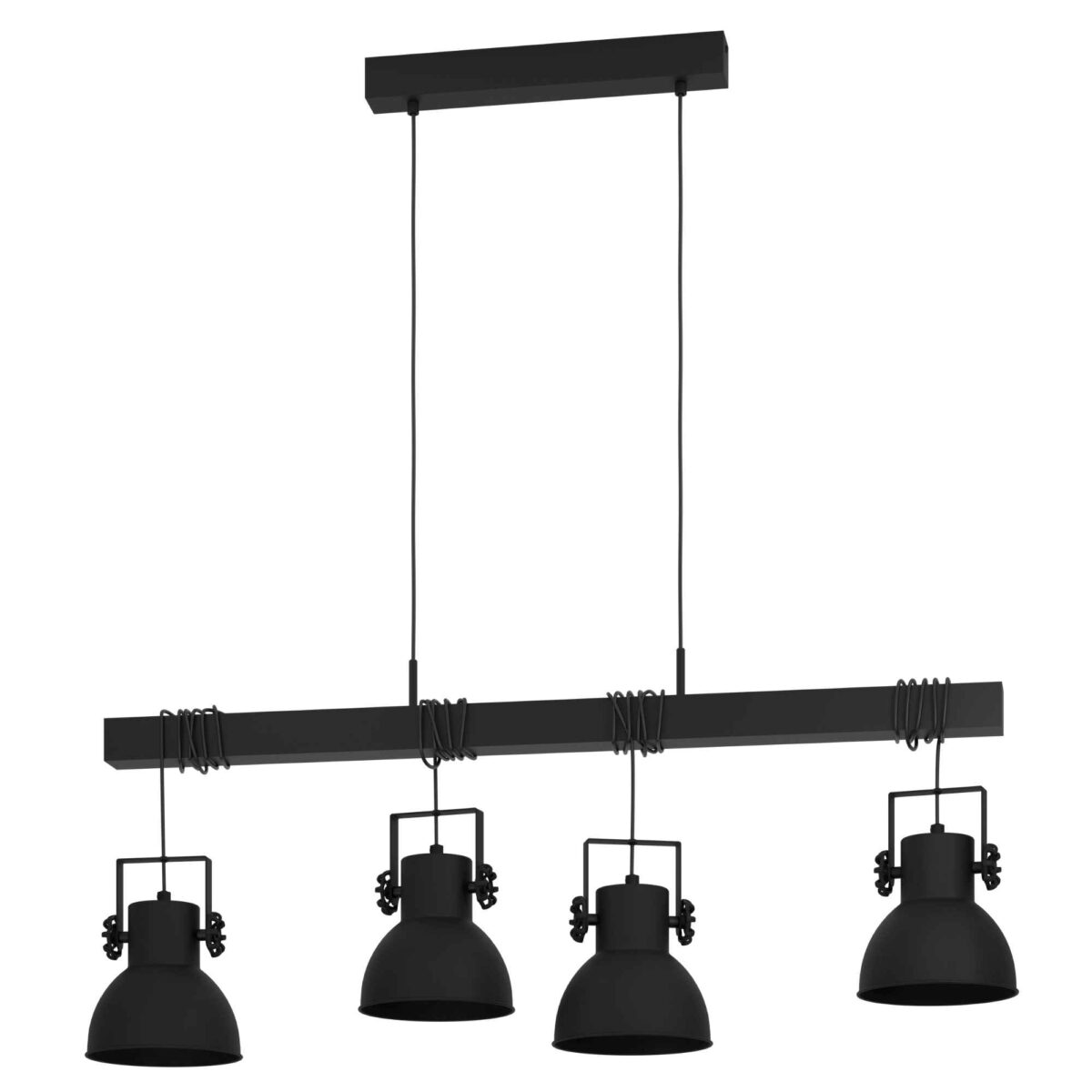 Lustra vintage Shirebrook Eglo 43726 cu structură din oțel negru, bară din lemn și patru abajururi metalice reglabile, compatibilă cu becuri E27.