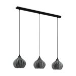 Lustra vintage Tamallat Eglo 43577, cu structură din oțel negru și trei abajururi din sticlă aburită, compatibilă cu trei becuri E27 de până la 40 W.
