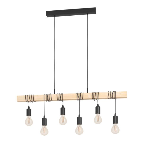 Lustra vintage Townshend Eglo 43513, cu structură din oțel negru și bară din lemn natural, compatibilă cu șase becuri E27.