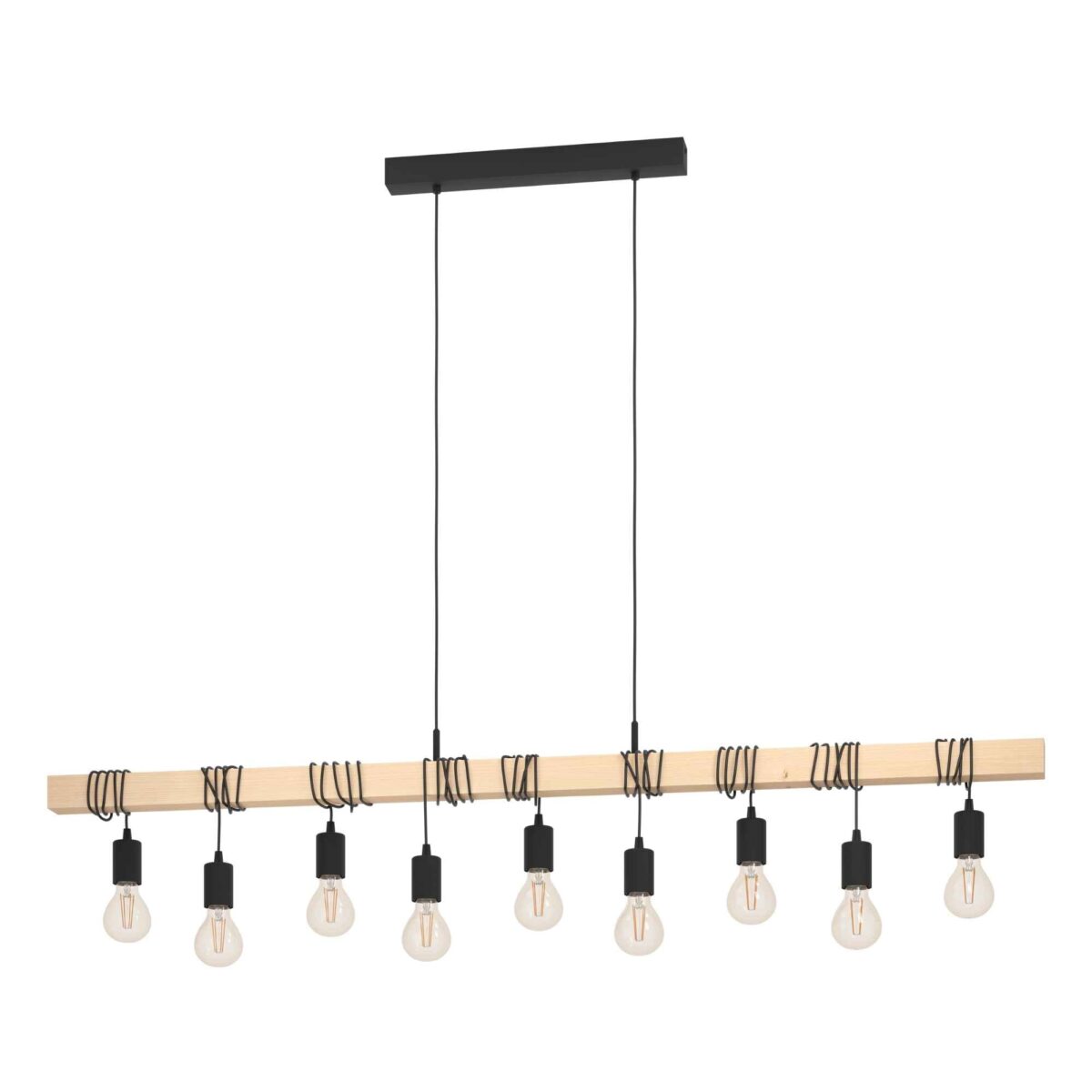 Lustra vintage Townshend 44099 Eglo, cu structură din oțel negru și bară din lemn natural, compatibilă cu 9 becuri E27 de până la 60W fiecare.