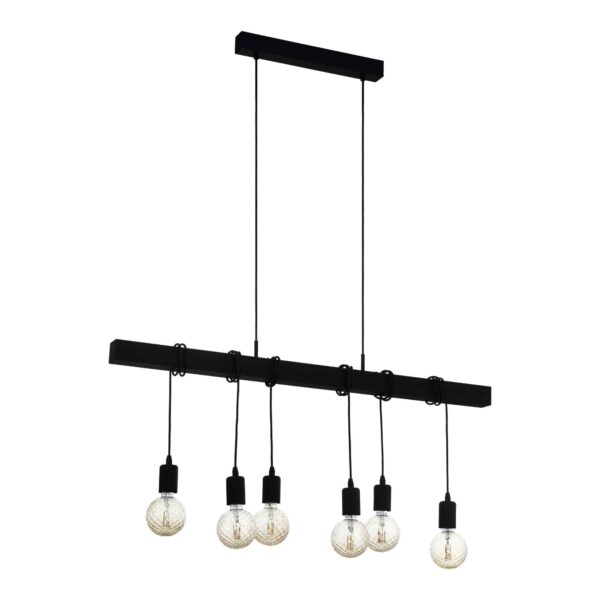 Lustră vintage Townshend Eglo 49755 cu structură metalică neagră și 6 surse de iluminare E27 pe bară suspendată din lemn natural.