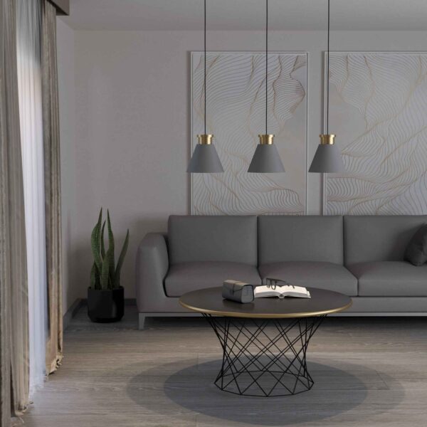 Lustra vintage Twicken Eglo 43839 este montată deasupra unei zone de living moderne, cu mobilier în tonuri neutre și accente elegante.