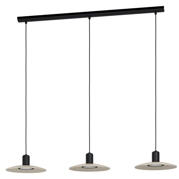 Lustra LED Mayazes Eglo 39912 cu structură metalică neagră și 3 pendule circulare din lemn natural compatibile cu becuri LED GU10 de 4,6W fiecare.