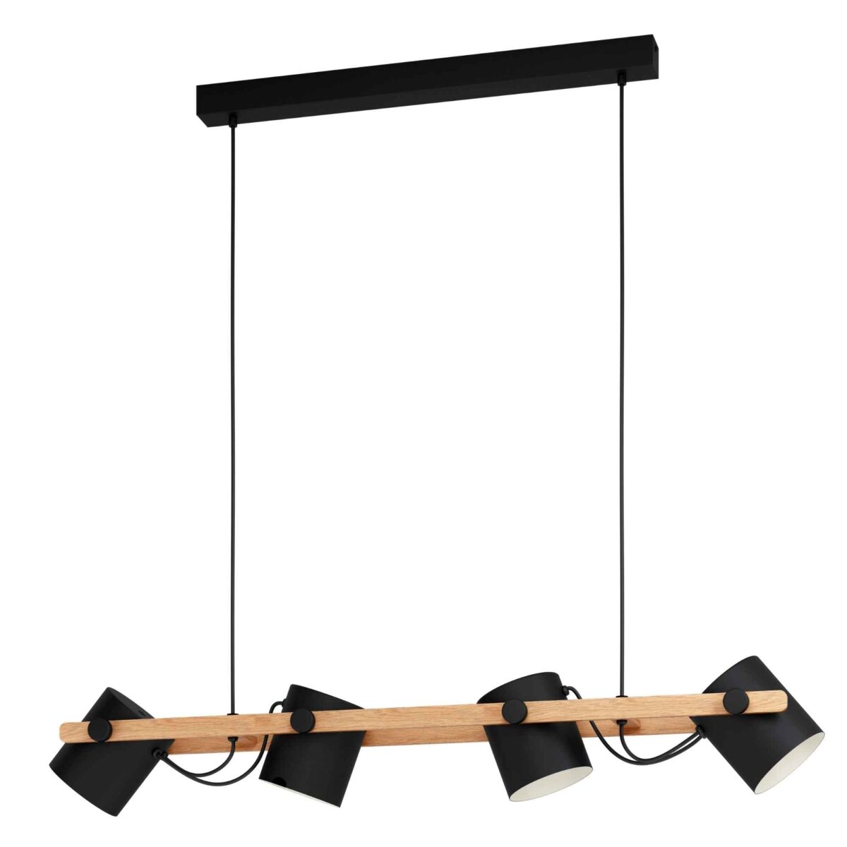 Lustra vintage Hornwood Eglo 43424, cu structură din oțel negru și bară decorativă din lemn, compatibilă cu 4 becuri E27 de până la 28W.