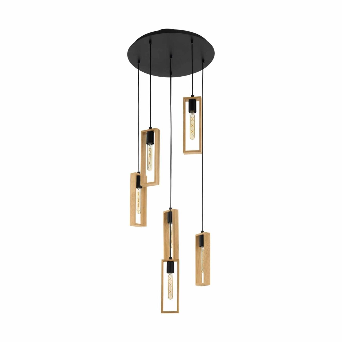 Lustra vintage Littleton Eglo 49549 cu structură din oțel negru și 6 elemente din lemn natural, compatibilă cu becuri E27.