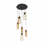 Lustra vintage Littleton Eglo 49549 cu structură din oțel negru și 6 elemente din lemn natural, compatibilă cu becuri E27.