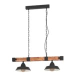 Lustra vintage Oldbury Eglo 49684, cu structură din oțel negru și bară din lemn rustic, compatibilă cu două becuri E27 de până la 60 W.