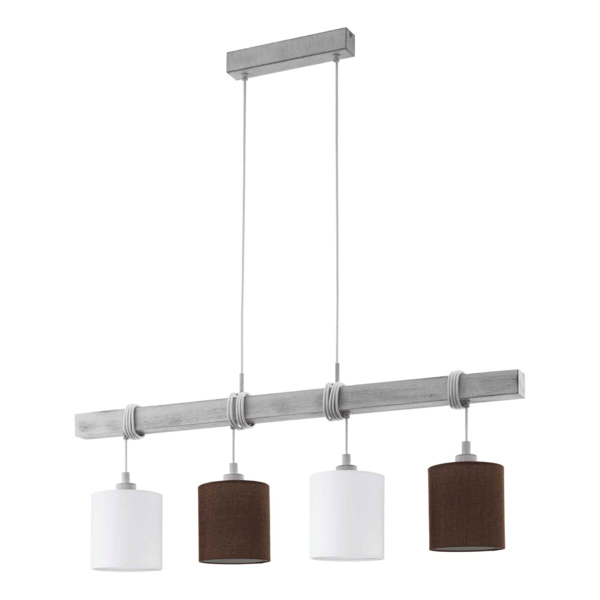 Lustra vintage Townshend 2 Eglo 49927 din oțel și lemn natural cu finisaj alb patinat, este echipată cu 4 abajururi textile, compatibile cu becuri E27 de până la 60W fiecare.