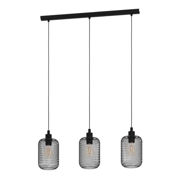 Lustra vintage Wrington Eglo 43333, cu carcasă metalică neagră și 3 becuri E27 montate în abajururi cilindrice din plasă metalică.