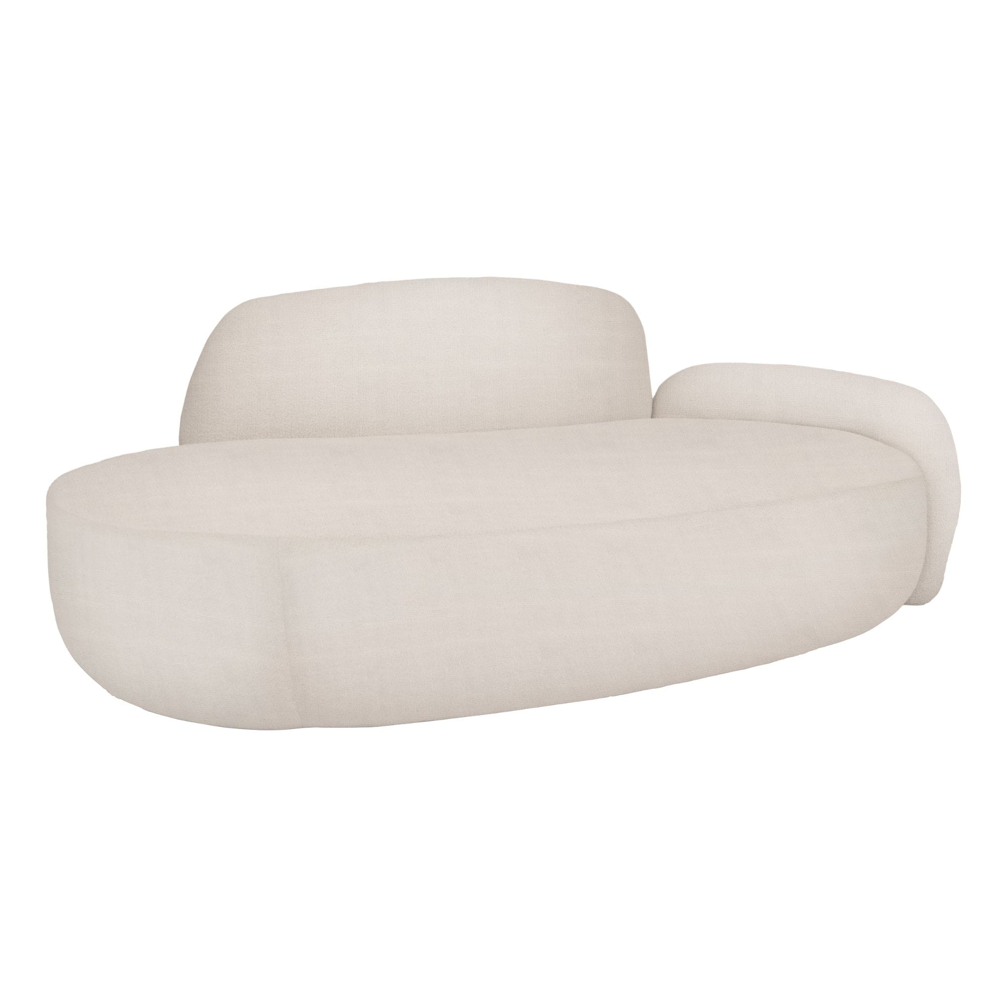 Beige fabric sectional sofa sections with rounded cushions and soft curves, viewed from the side.