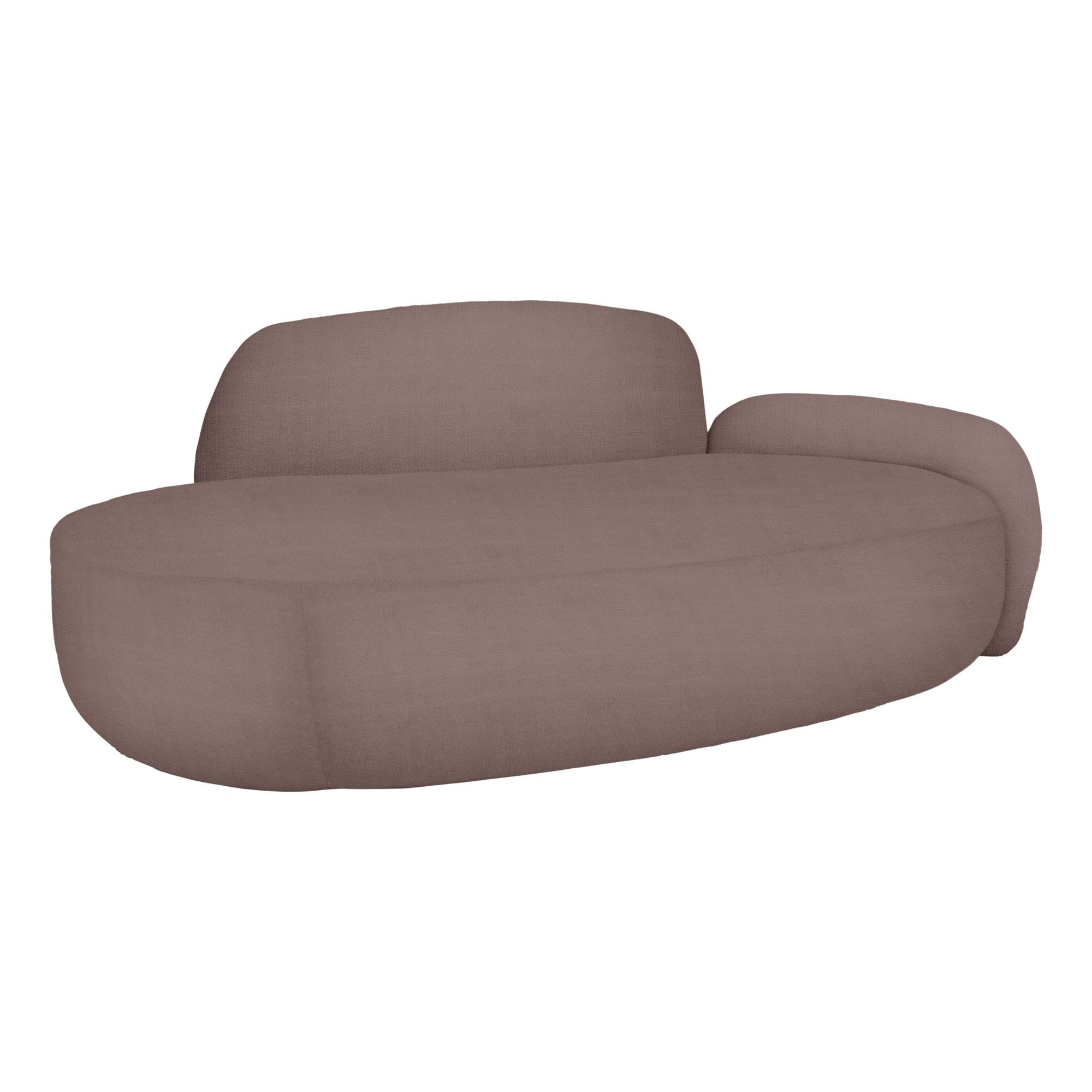 Close-up of a brown upholstered sofa with rounded edges, showing the backrest and seat cushions.