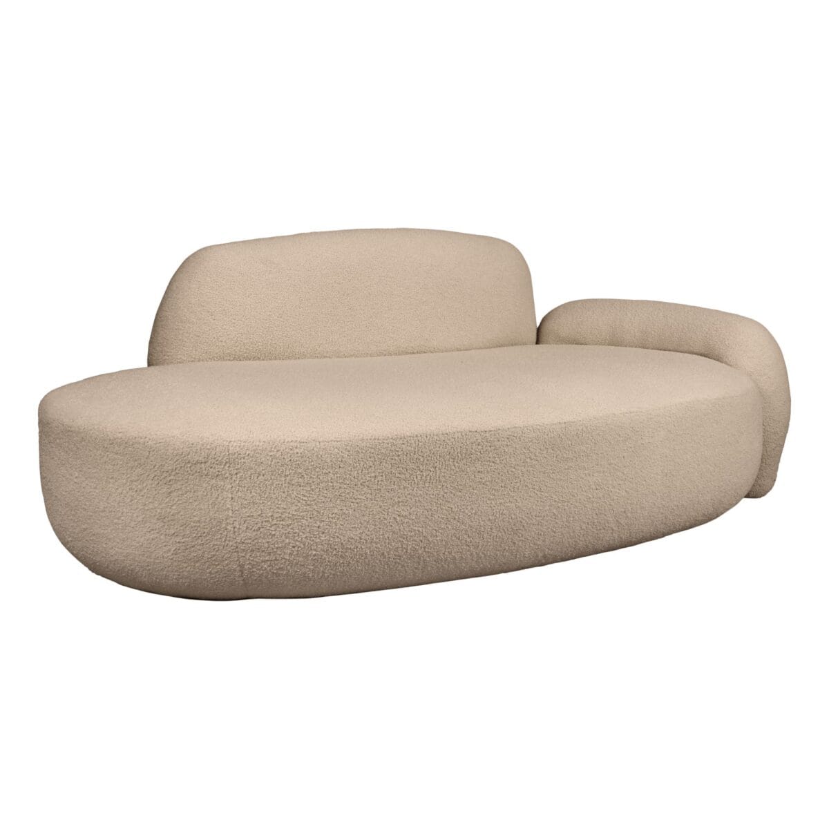 Beige fabric sectional sofa with rounded edges shown against a white background, focusing on the seating cushions and armrest(s).