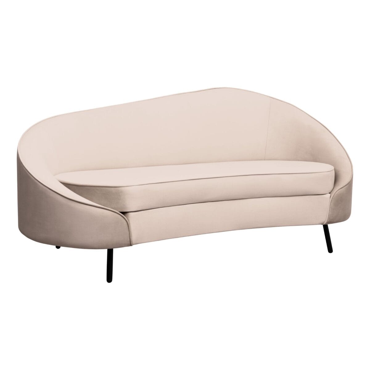 Beige curved armchair close-up showing soft upholstery and black legs.