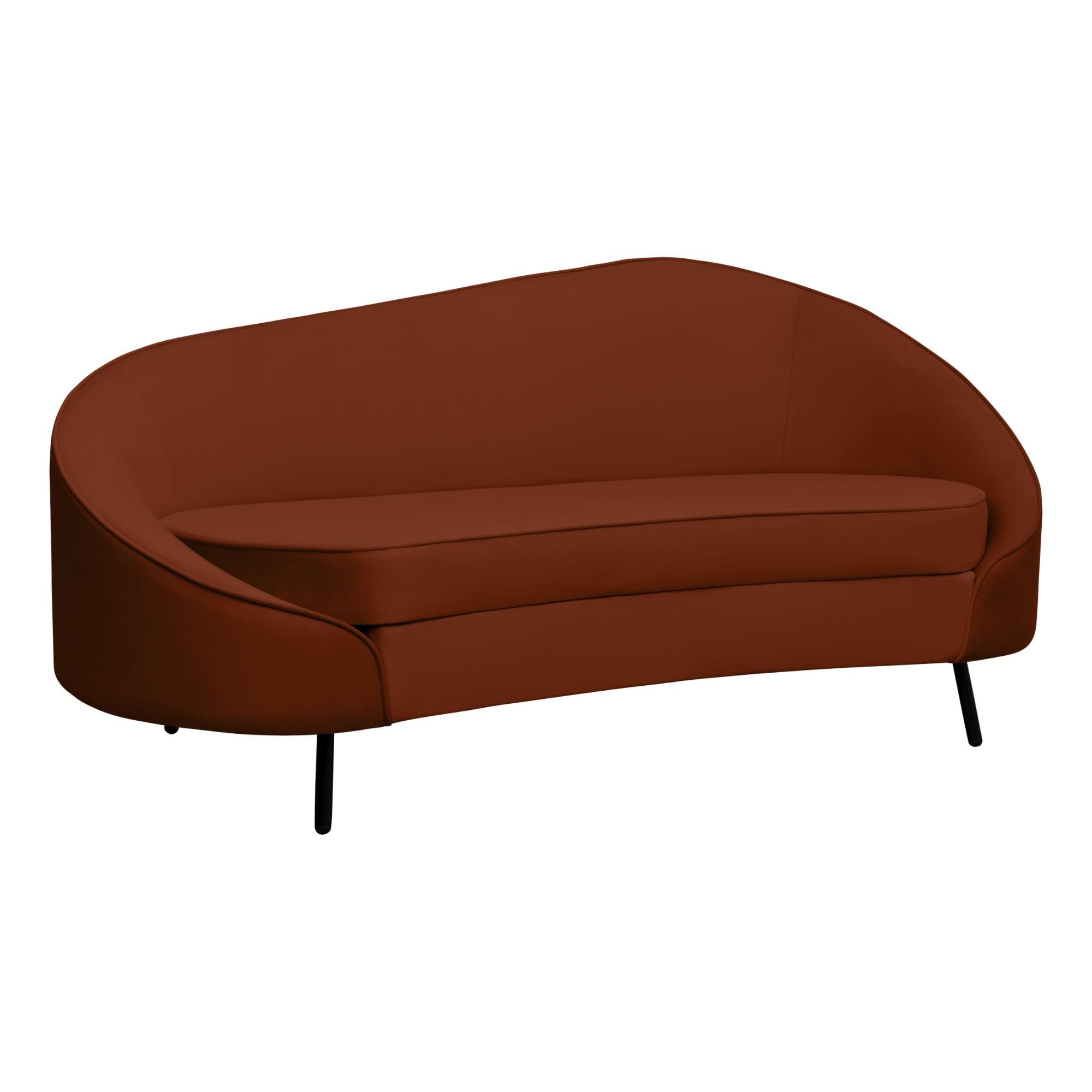 Partial view of a brown rounded armchair, showing the seat and curved back against a white background, with black legs visible at the bottom.