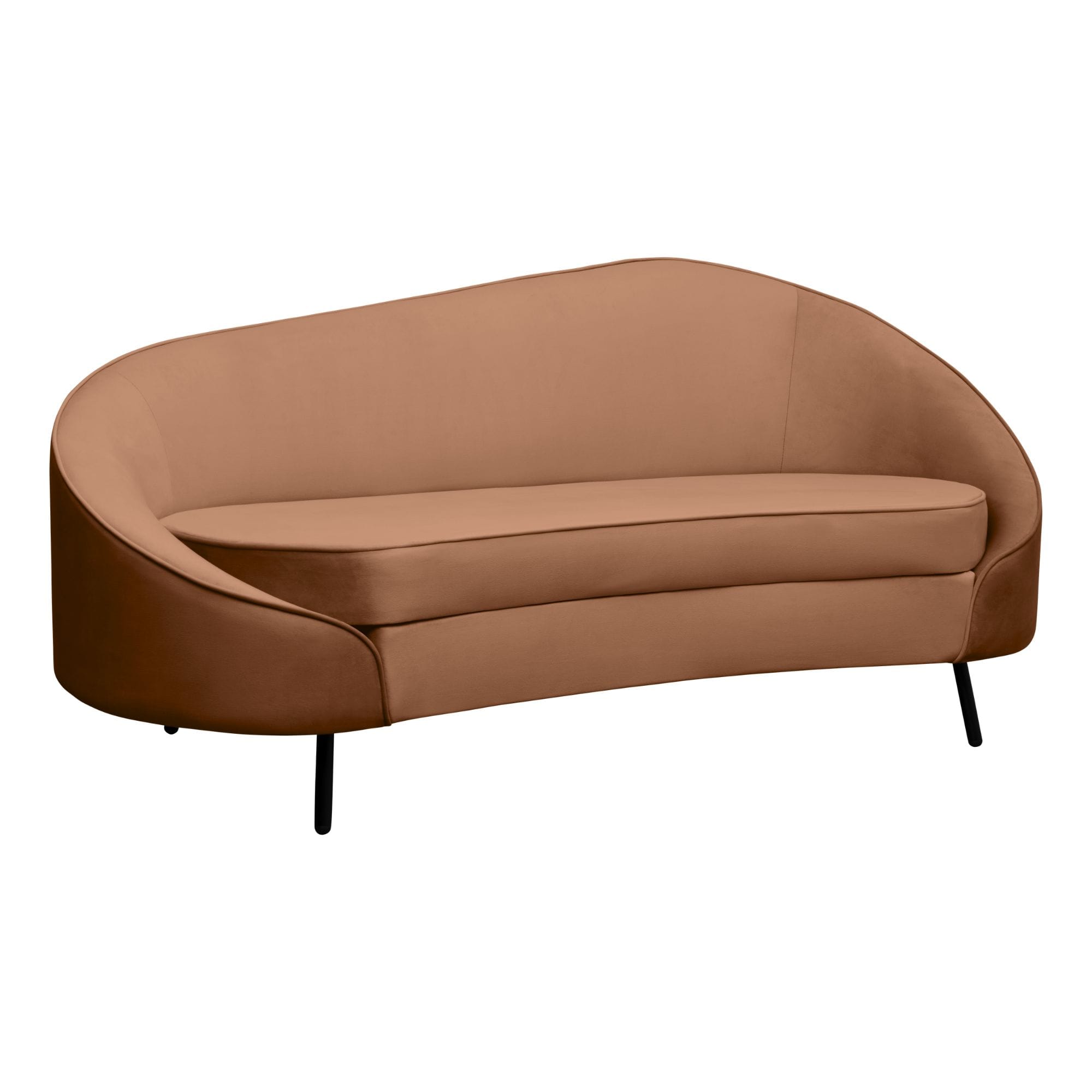 Close-up of a tan leather curved sofa with rounded back and black metal legs against a white background.