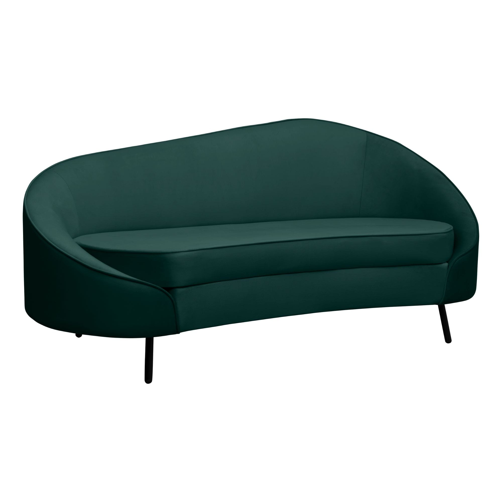 Teal curved lounge chair with a rounded back and black metal legs, close-up view.