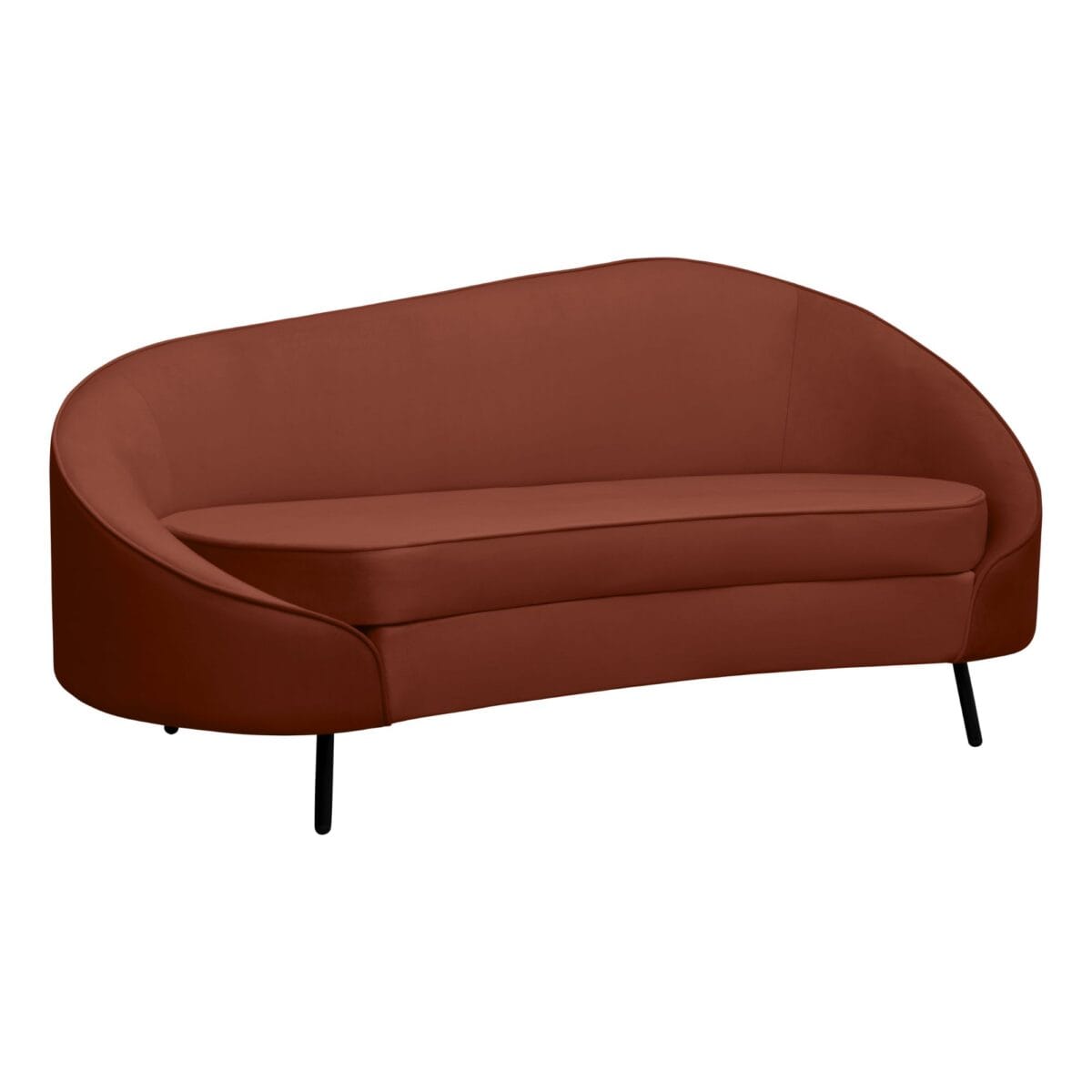 Rusty orange curved sofa with a rounded back and slim black legs, close-up view highlighting armrest and cushion.