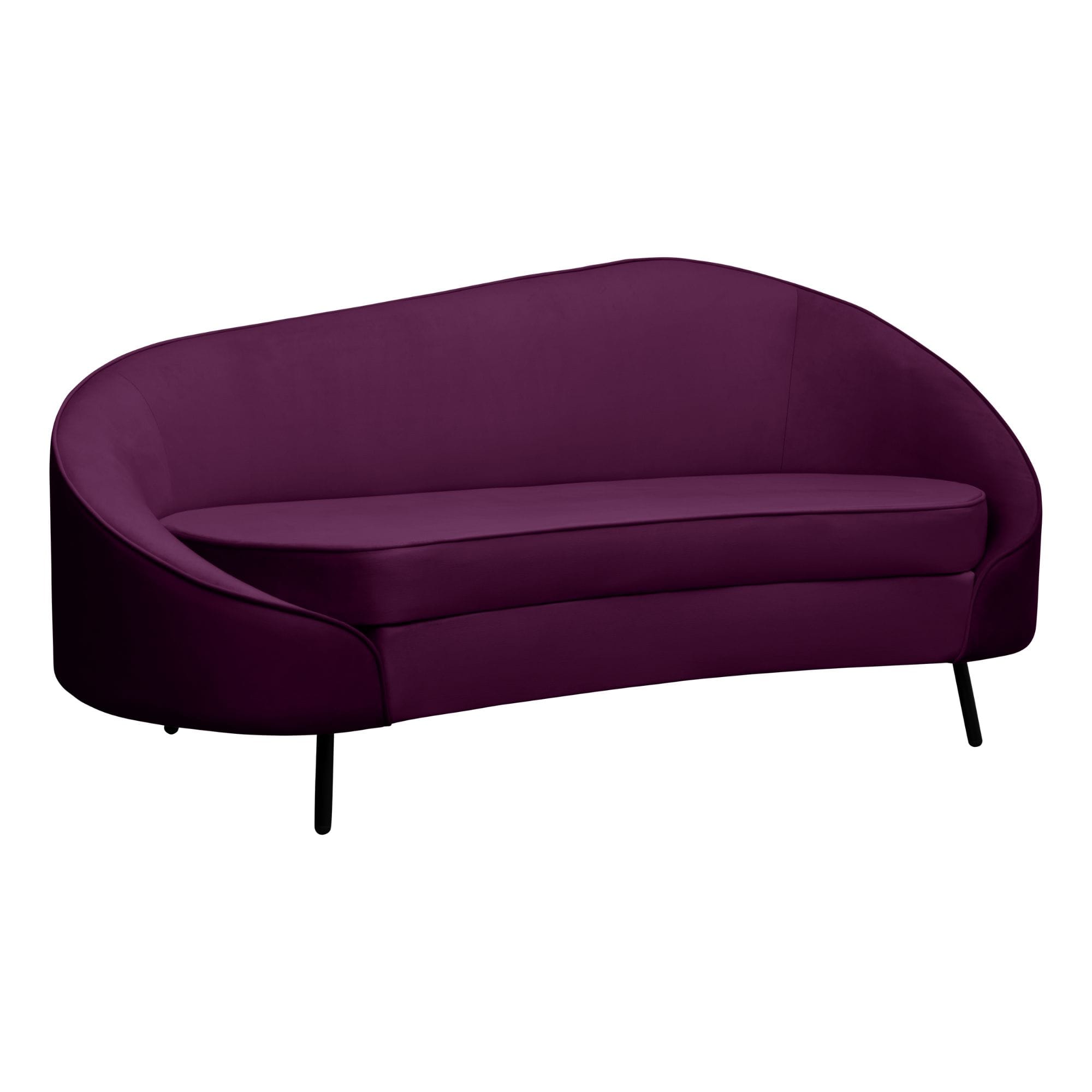 Partial view of a deep purple upholstered chair with curved back and black legs on a white background.