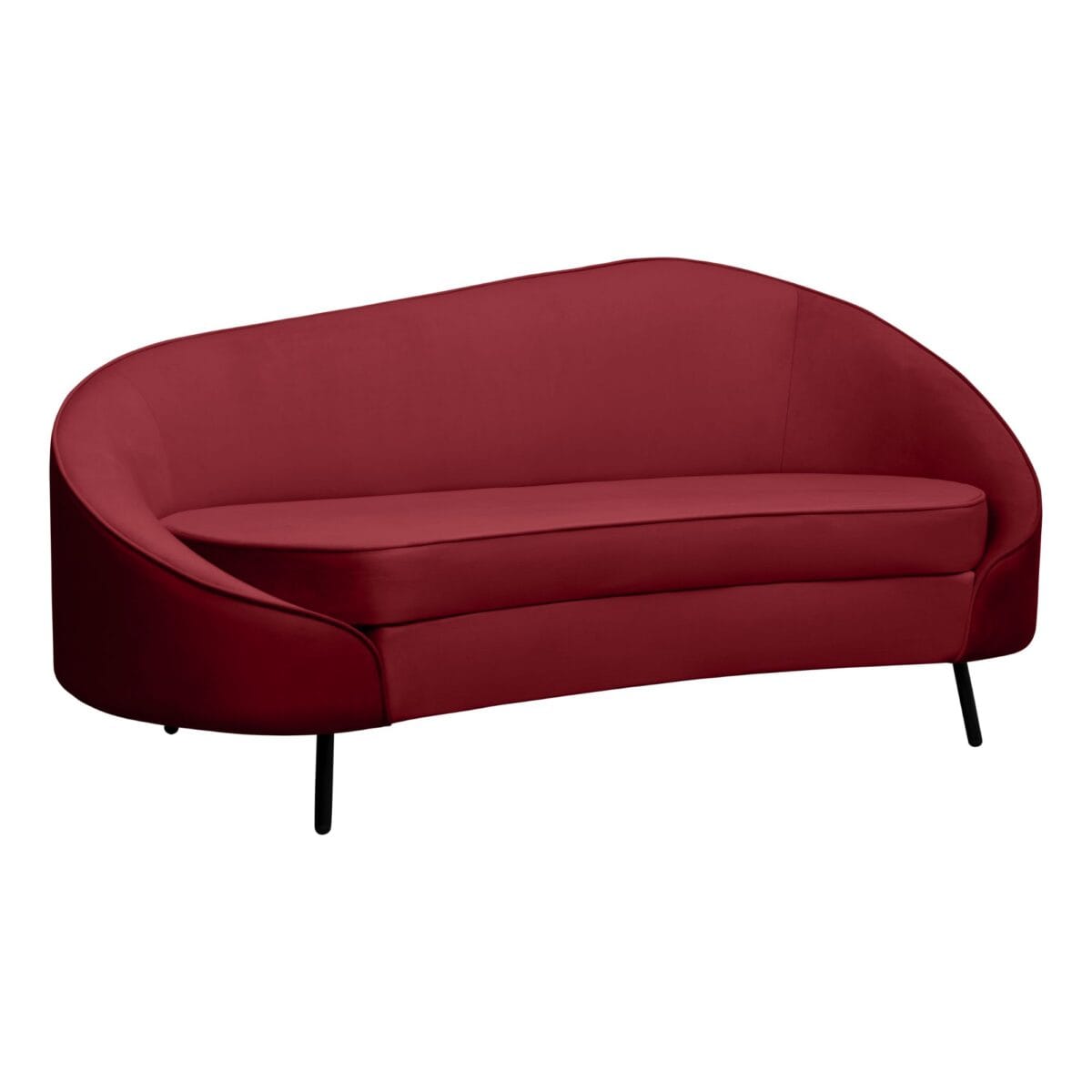 Red curved lounge chair with black legs on a white background (partial view) lower right corner visible