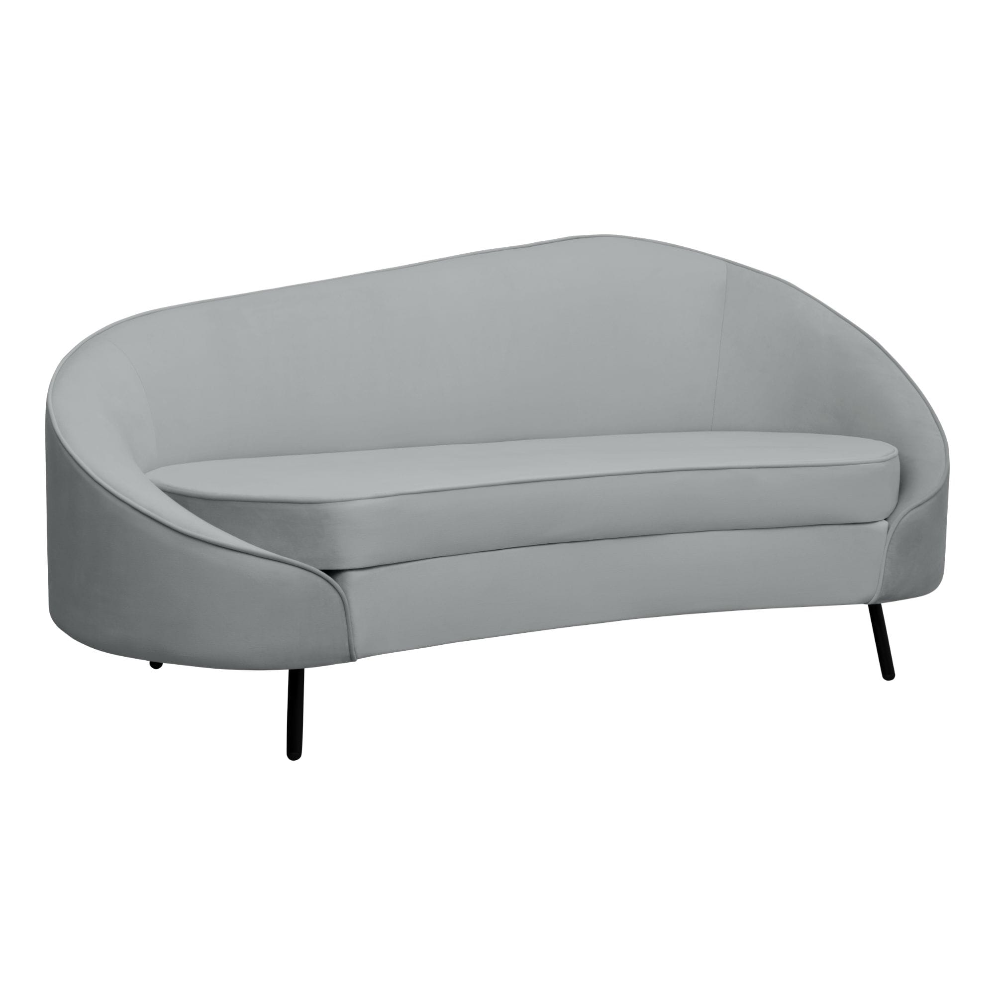 Close-up of a light gray upholstered armchair with curved arms and black legs.