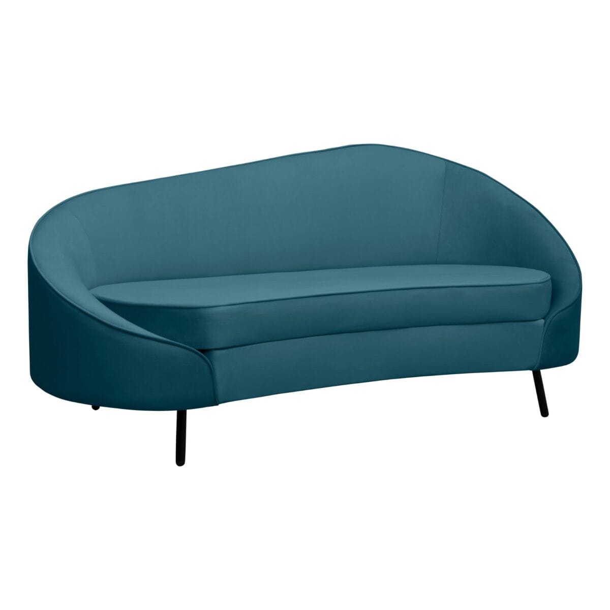 Teal curved armchair with black slender legs against a white background, partial view.