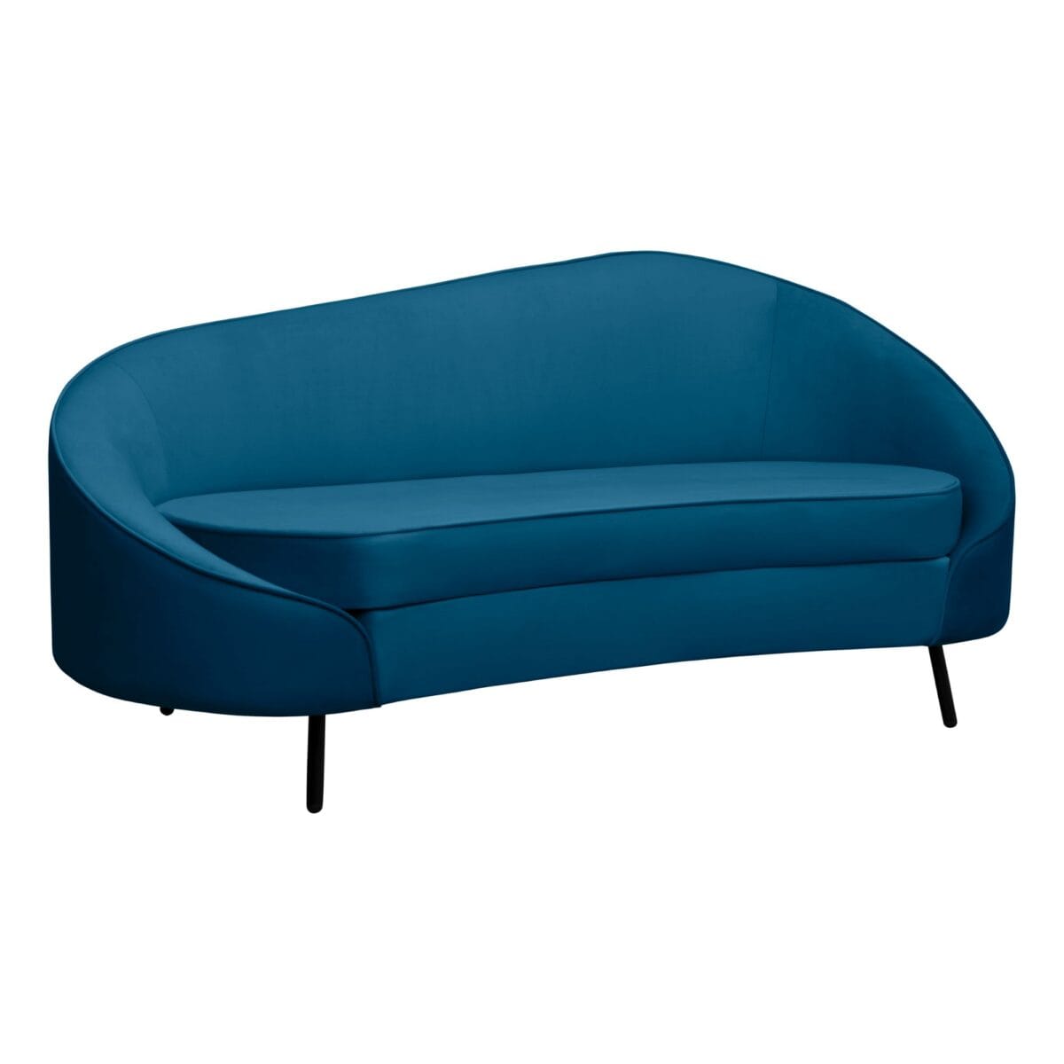 Blue modern lounge chair with curved back and black legs, cropped at the bottom against a white background.