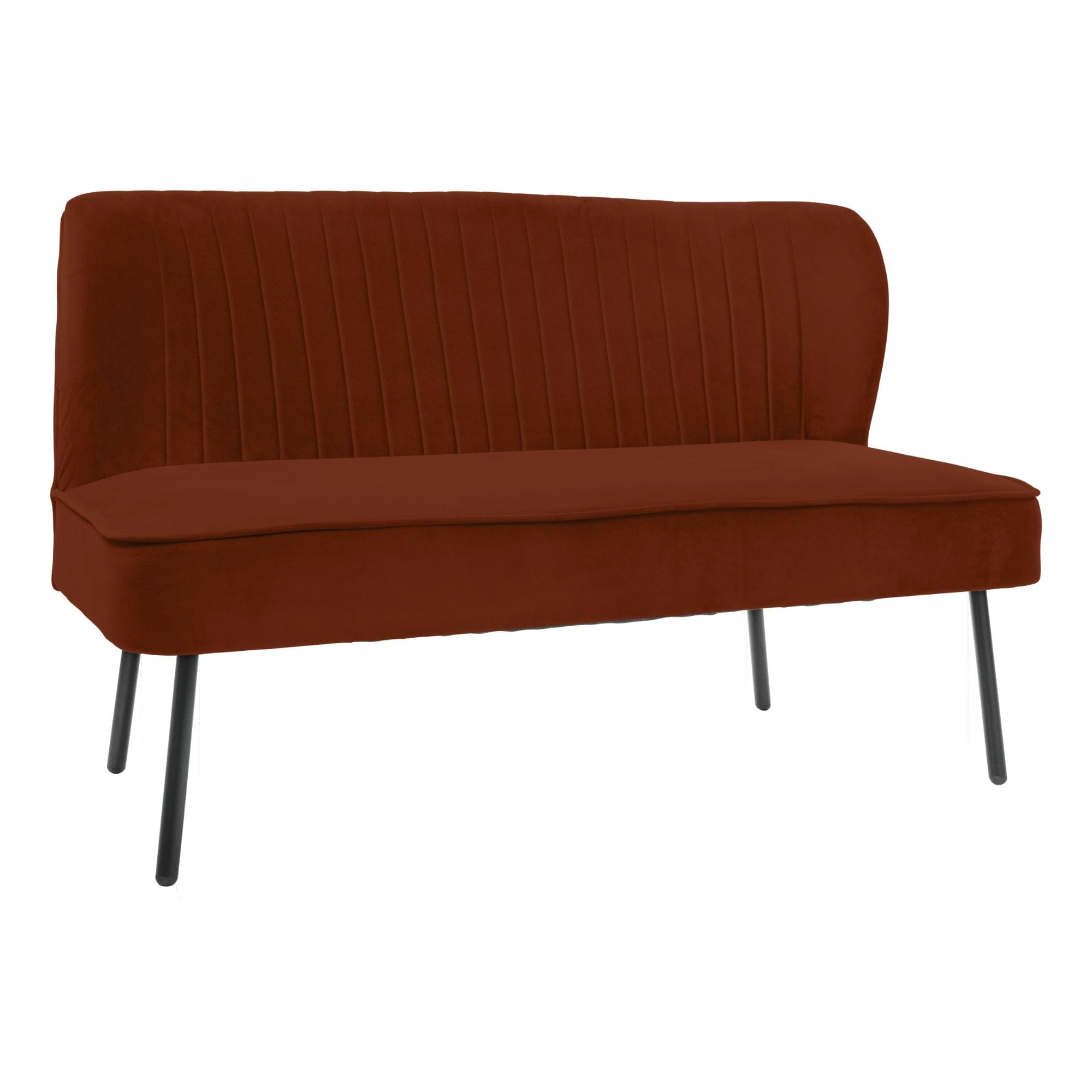 Rust-colored upholstered chair with vertical channel stitching and black metal legs, partial view.