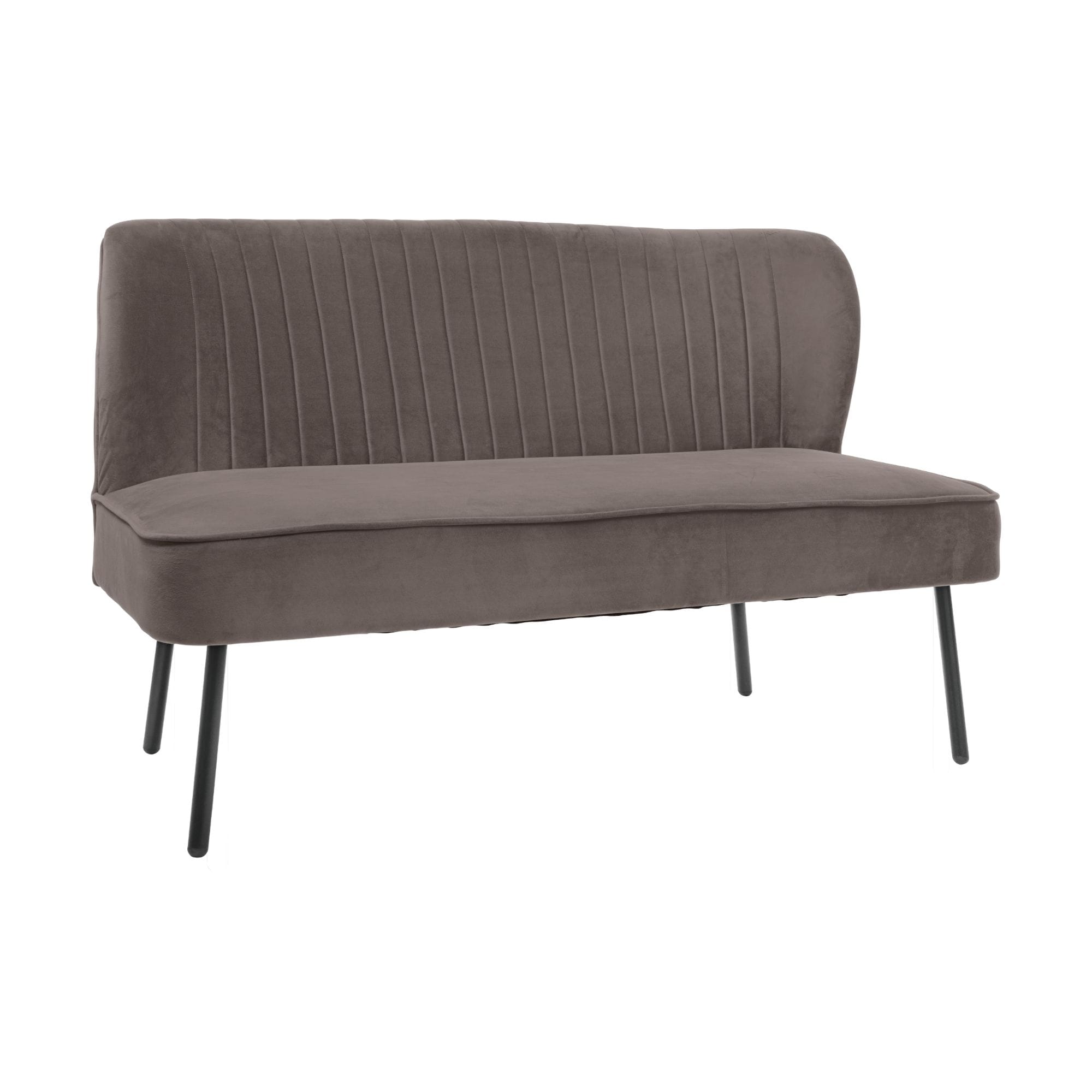 Close-up of a brown upholstered chair with vertical channel stitching and slim metal legs.