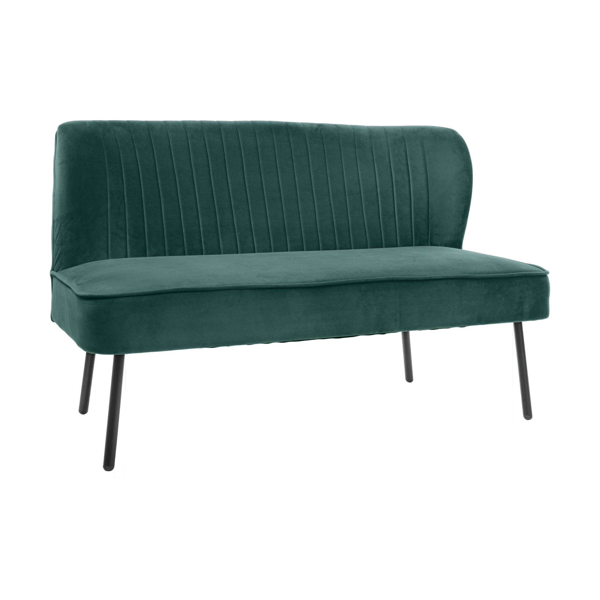 Teal upholstered chair with vertical channel stitching and slim black legs, cropped edge visible.