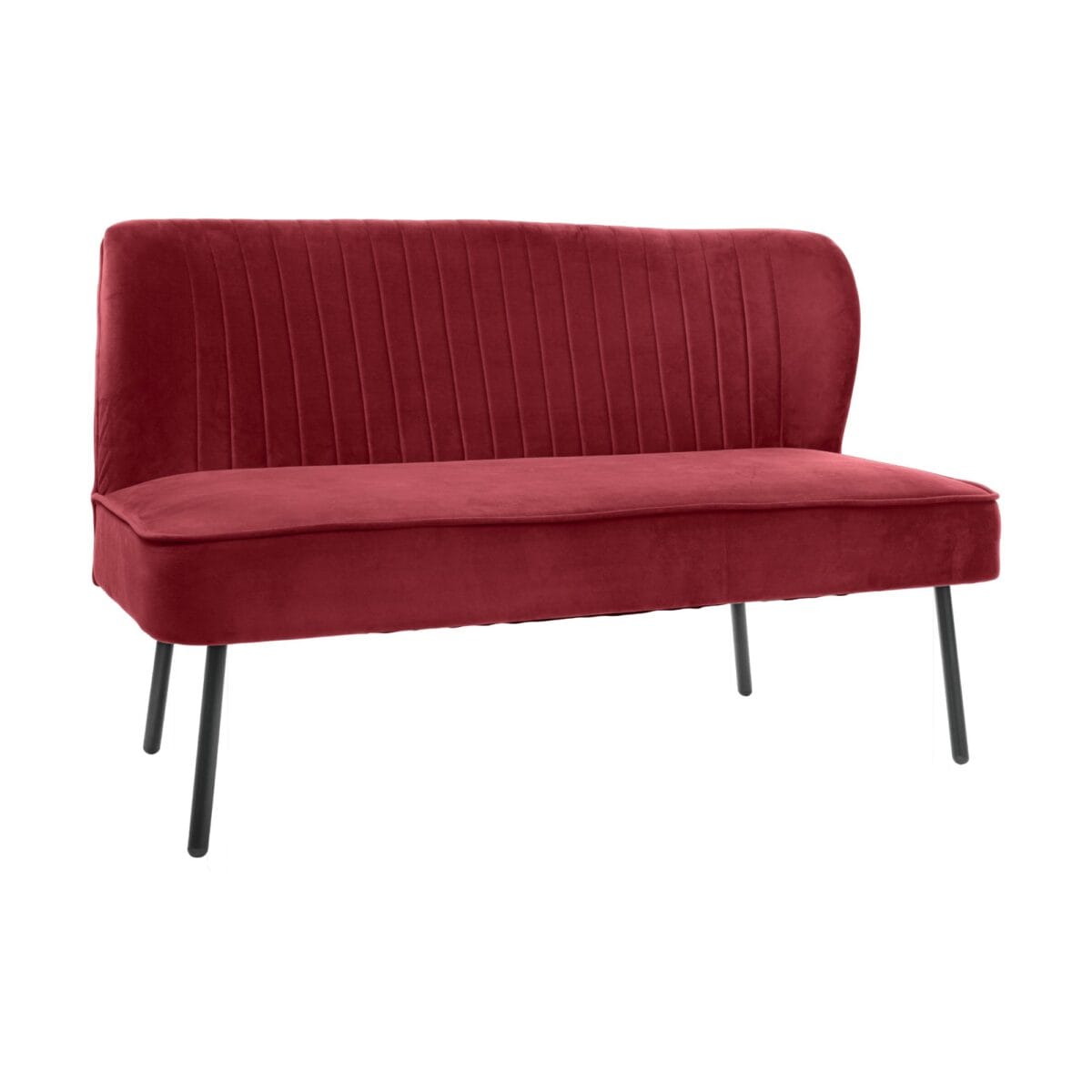 Red upholstered chair with vertical channel stitching and slim black legs.