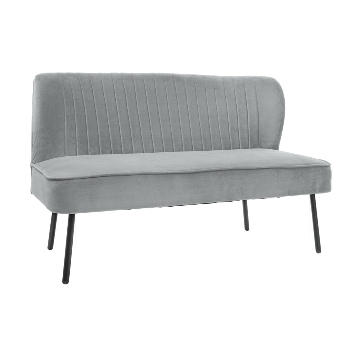 Light gray upholstered chair with a tall, vertical channel-backed back and slim black legs on a white background.