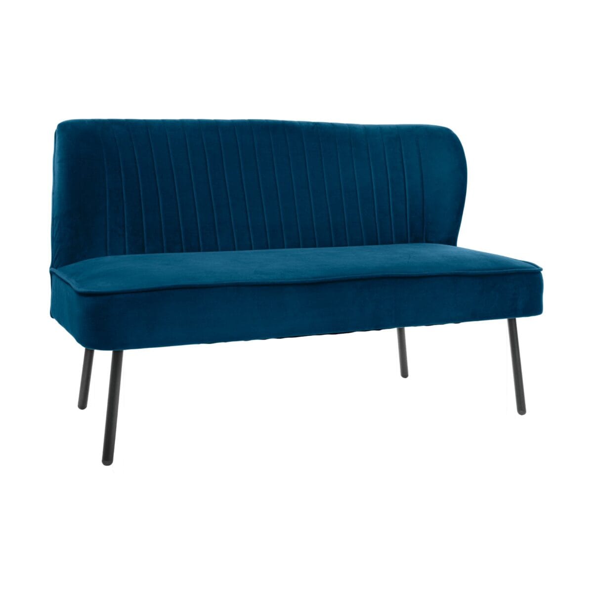 Blue velvet chair with a curved back and vertical stitched channels, supported by slim metal legs.