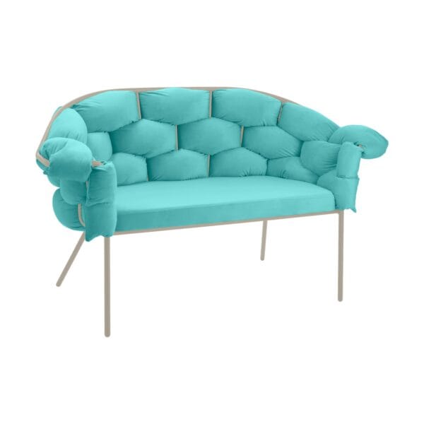 Turquoise tufted sofa with metal legs, cropped to show curved back and cushions.
