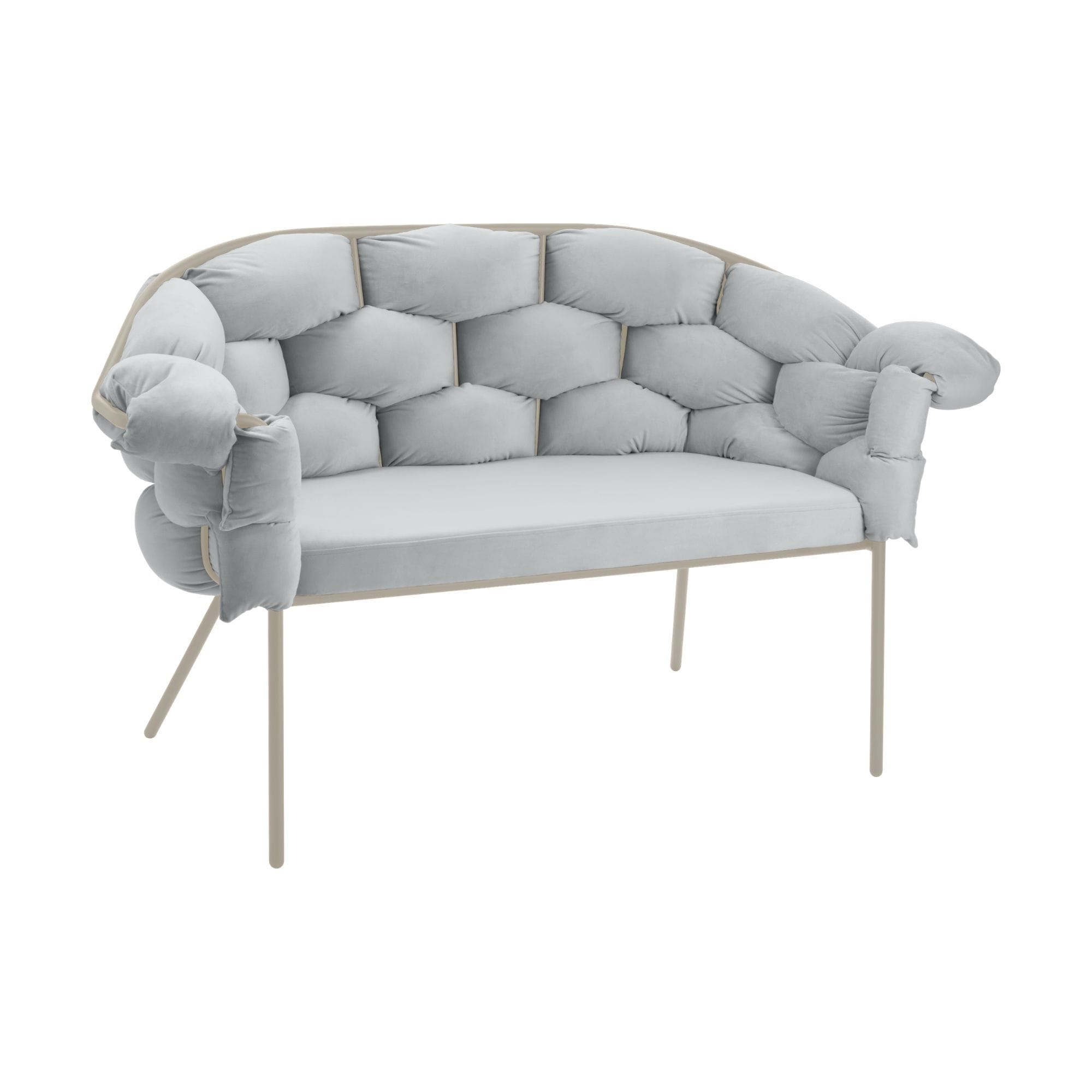 Light blue tufted curved sofa with thin beige legs against a white background