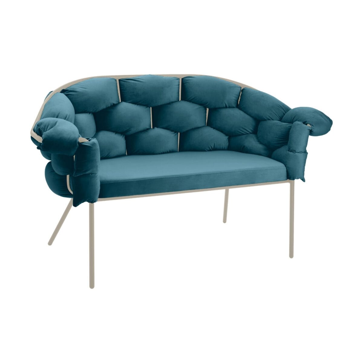 Teal velvet curved sofa with tufted cushions and slim beige legs, shown from the side against a white background.
