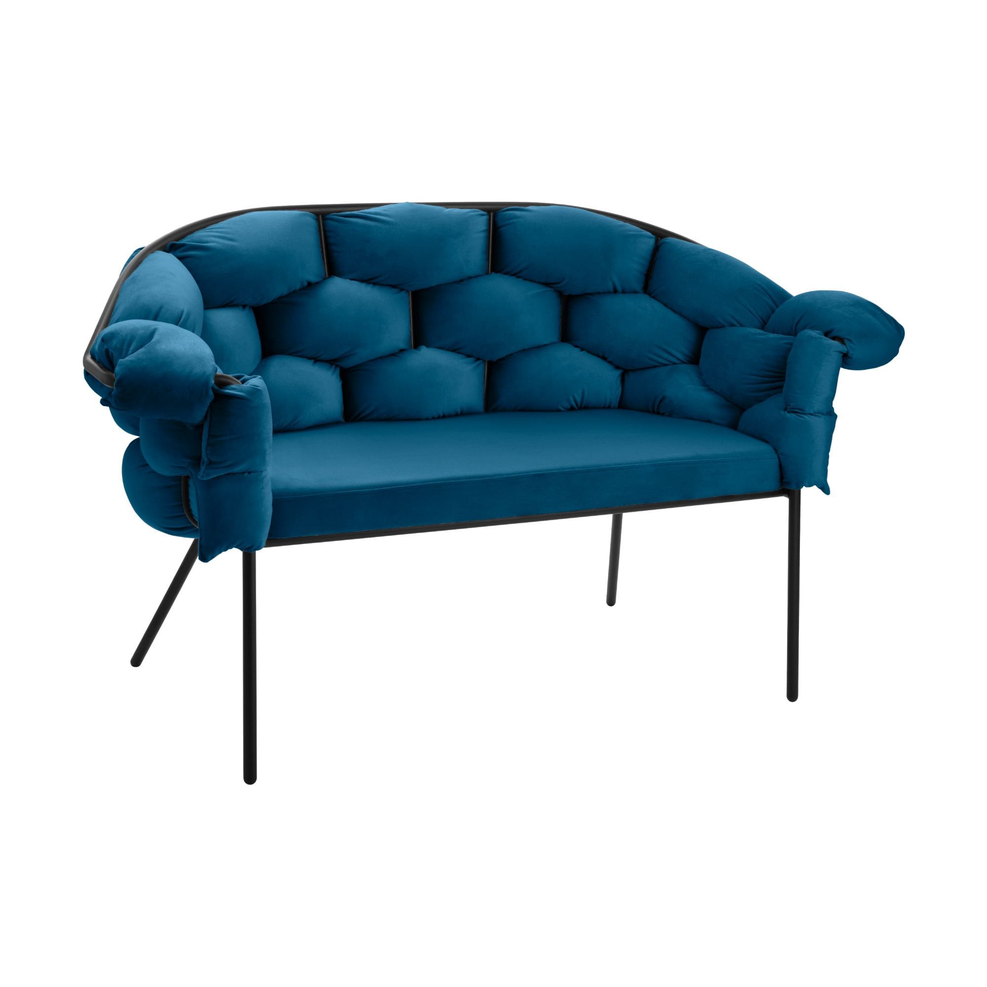 Blue tufted sofa with metal legs, shown from the front on a white background.