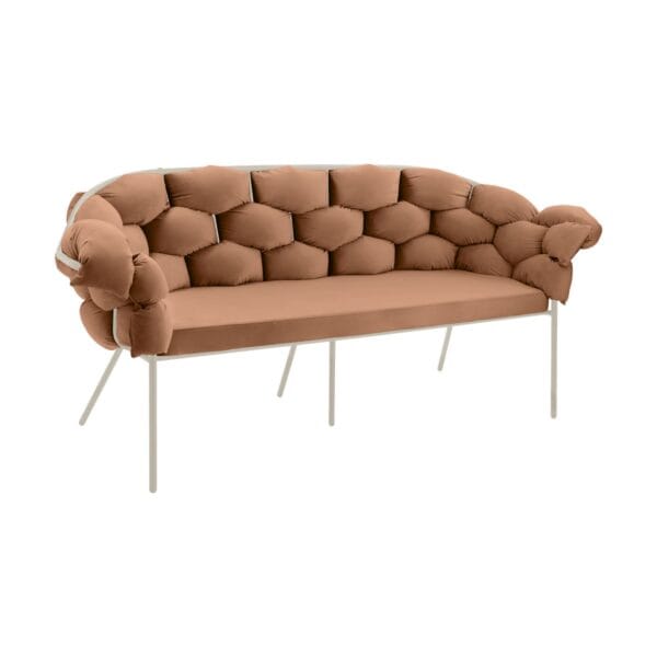 Rust-brown tufted sofa with a slim metal frame against a white background, shown from the side.