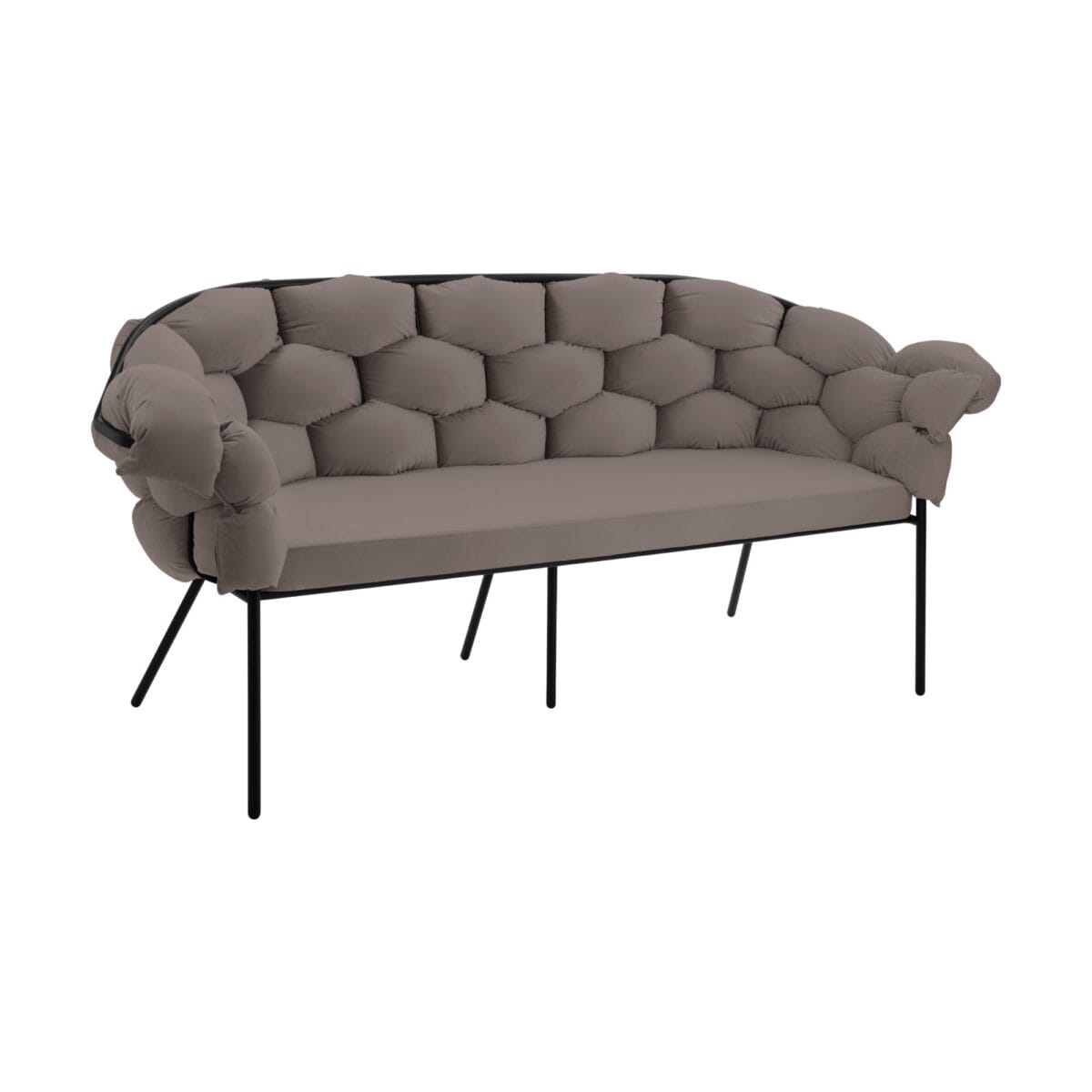 Taupe tufted sofa with a curved back and black metal legs, partially cropped from the sides and front view.