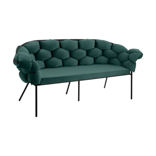 Partial view of a dark-teal tufted sofa with metal legs against a white background, cropped at the bottom edge, showing curved arms and cushions.
