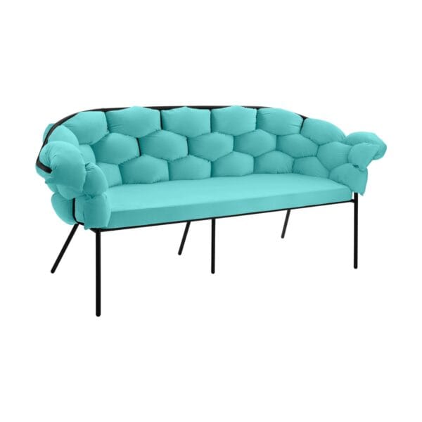 Teal tufted sofa with a black metal frame, shown from a front-right angle against a white background.