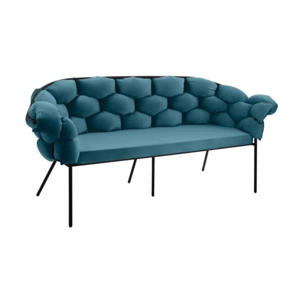 Teal tufted sofa with a rounded back and slender black metal legs against a white background