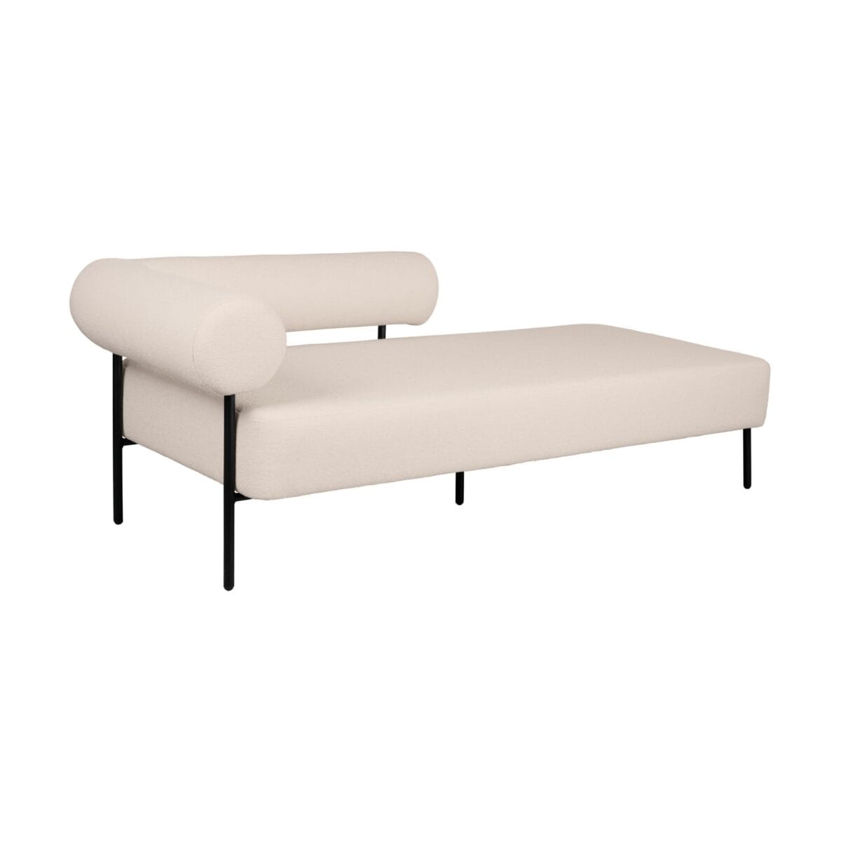 Beige upholstered armchair with rounded cylindrical armrests and a slim black metal frame, shown from the side (partial view).