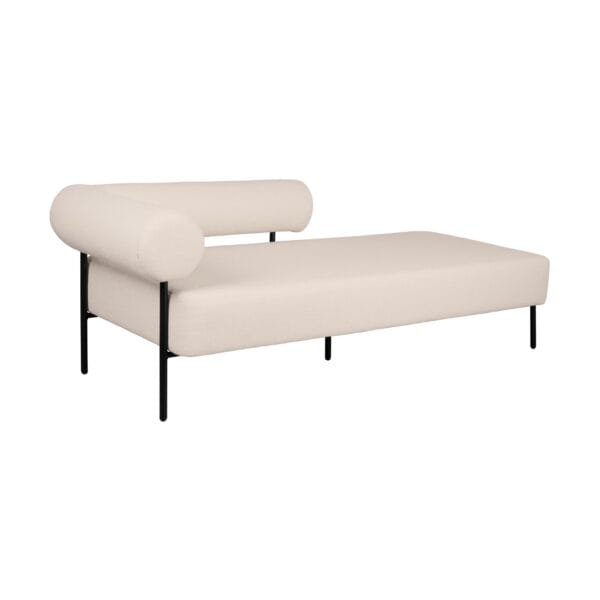 Beige upholstered armchair with rounded cylindrical armrests and a slim black metal frame, shown from the side (partial view).