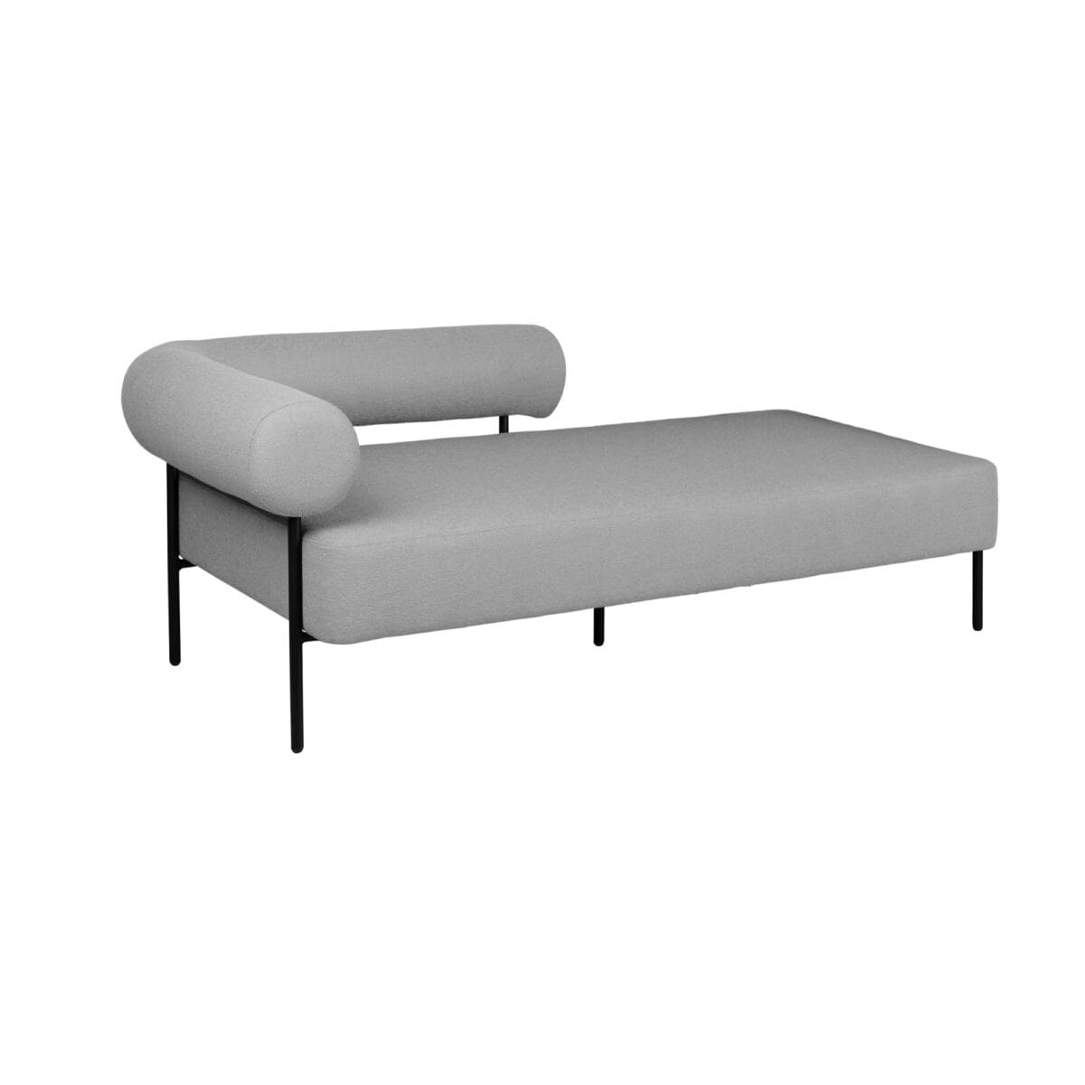 Partial view of a grey upholstered chair with cylindrical armrests and black metal legs.