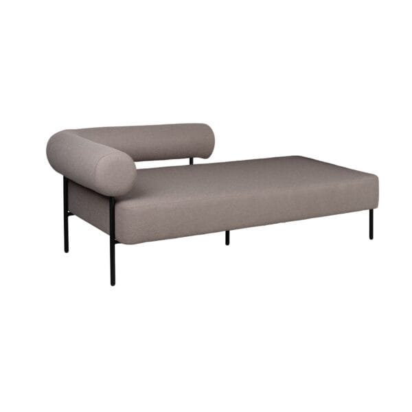 Grey upholstered sofa with rounded bolster arms and slim black legs, modern design.