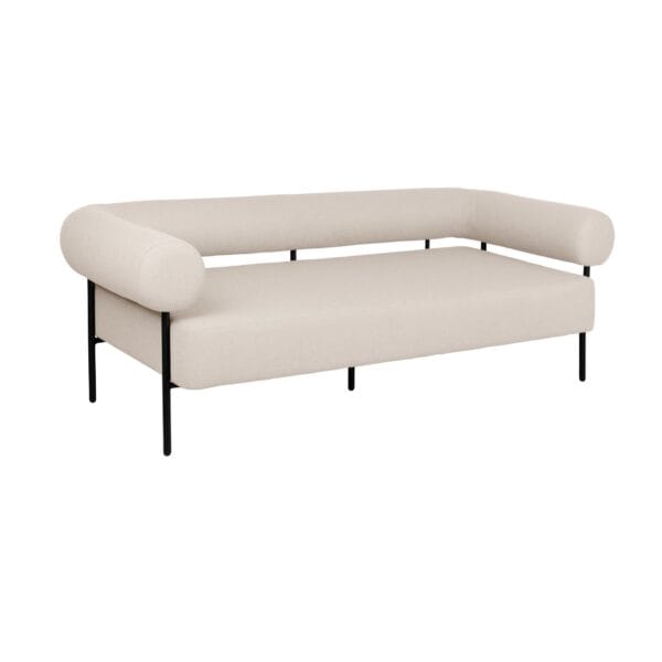 Beige upholstered sectional sofa with rounded armrests and slim black metal legs.
